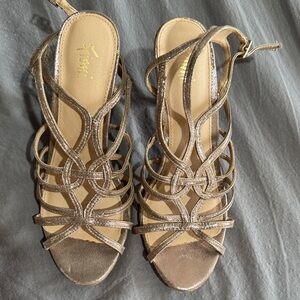 Metallic Rose Gold Strappy Heeled Sandals with Ankle Buckle